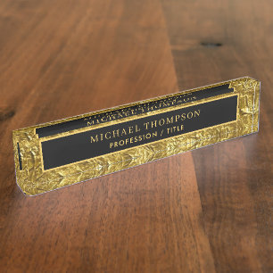 Elegant Black Gold Foil Texture Personalized Name Desk Name Plate