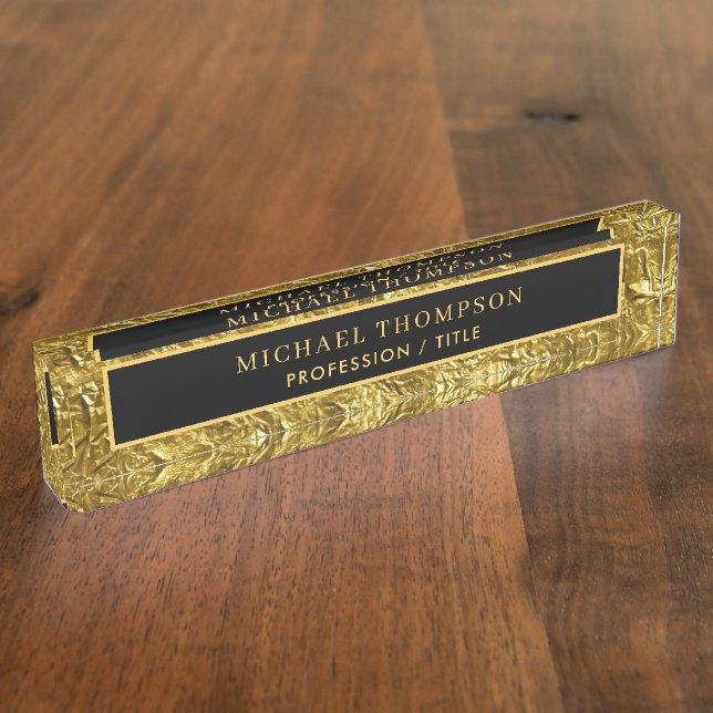 Elegant Black Gold Foil Texture Personalized Name  Desk Name Plate (Side)