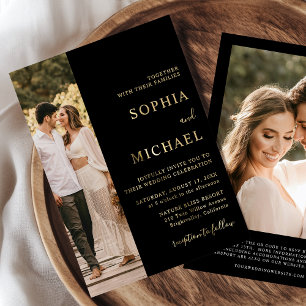 Elegant Black Gold Foil Two Photo QR Code Wedding Invitation