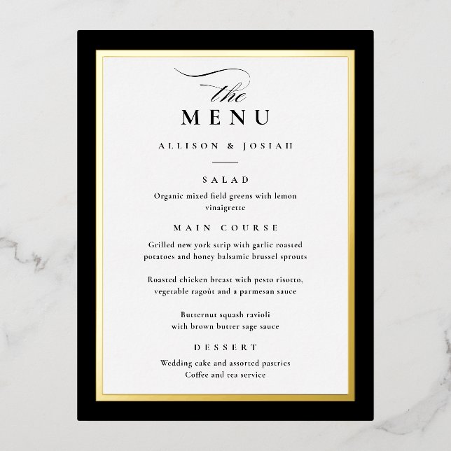Elegant Black Gold Foil Wedding Menus (Front)