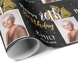 Elegant Black Gold Foliage 80th Birthday Wrapping Paper