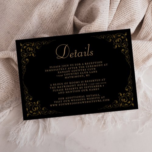 Elegant Black Gold Foliage Frame Wedding Details Enclosure Card
