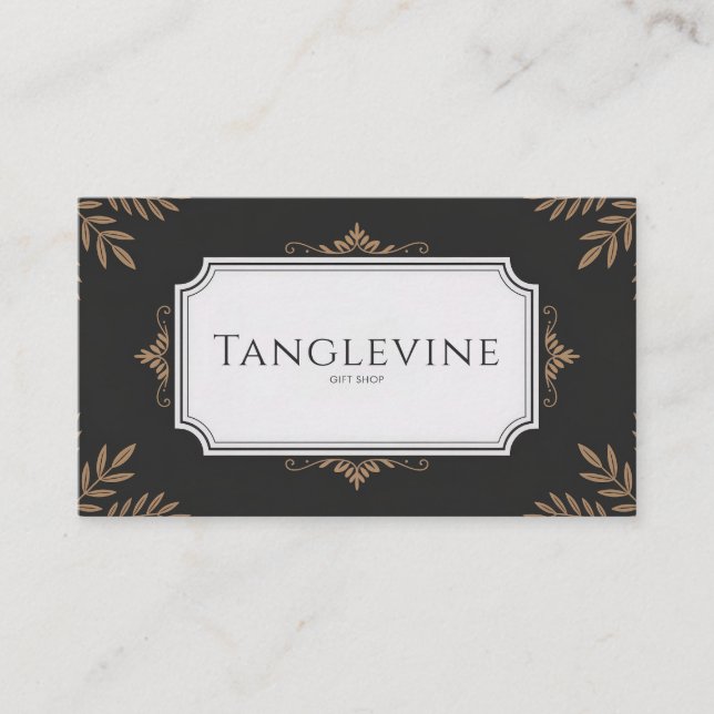 Elegant Black Gold Foliage Scallop Frame Classic Business Card (Front)