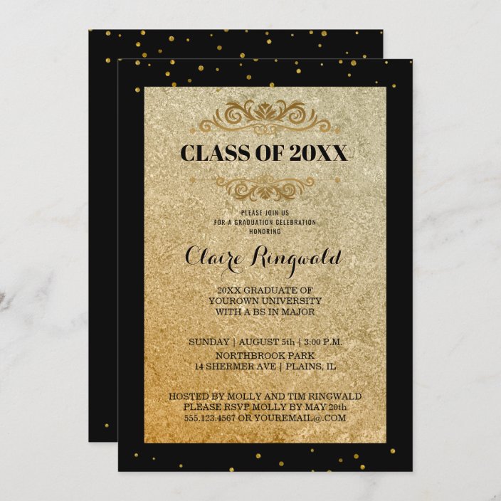 Elegant Black Gold Formal College Graduation Party Invitation