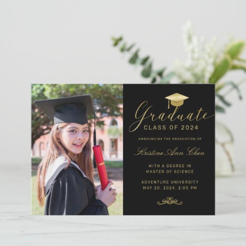 Elegant Black Gold Formal Script Photo Graduation Announcement