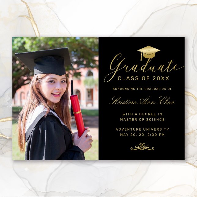 Elegant Black Gold Formal Script Photo Graduation Announcement (Elegant Black Gold Calligraphy Photo Graduation Announcement)