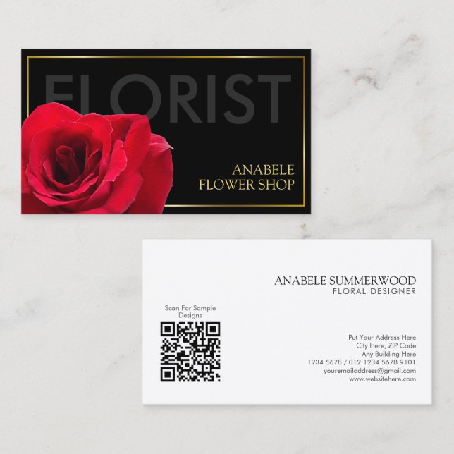 Elegant Black Gold Frame Florist with Red Rose Business Card (Front/Back)