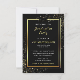 Elegant Black Gold Frame Graduation Invitation