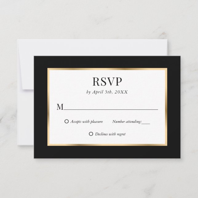 Elegant Black Gold Frame Wedding RSVP Card (Front)