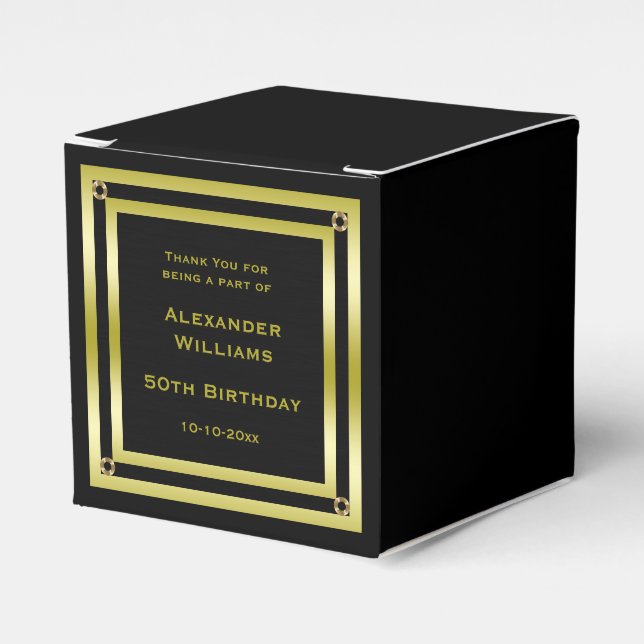 Elegant Black & Gold Framed 50th Birthday Favor Boxes (Front Side)