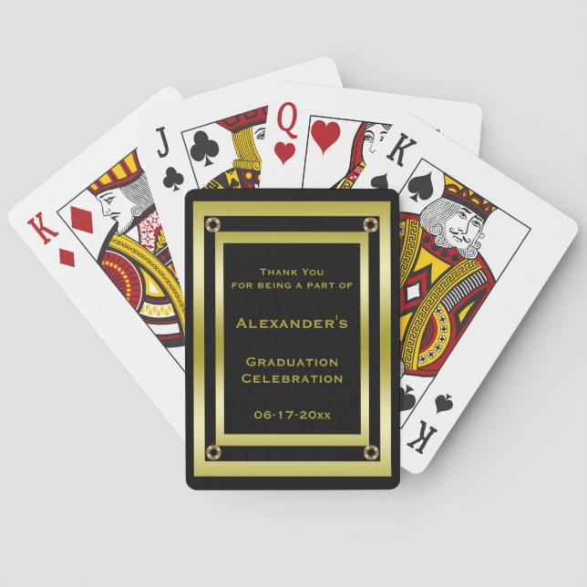 Elegant Black & Gold Framed Graduation Thank You Poker Cards (Back)