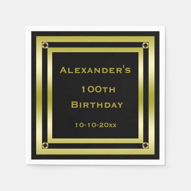 Elegant Black & Gold Framed Man's 100th Birthday Paper Napkins (Front)