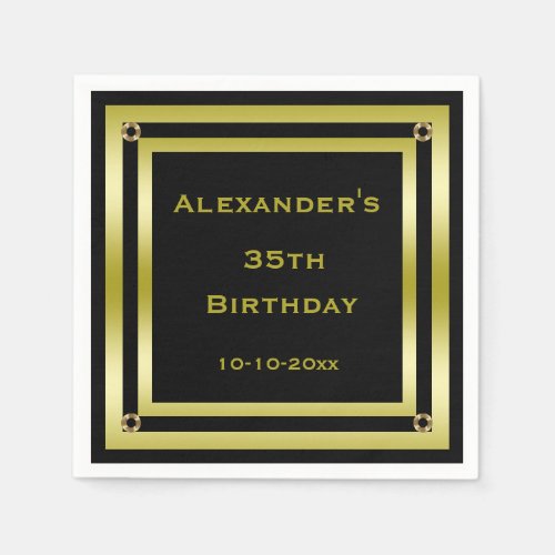 Elegant Black  Gold Framed Mans 35th Birthday Paper Napkins