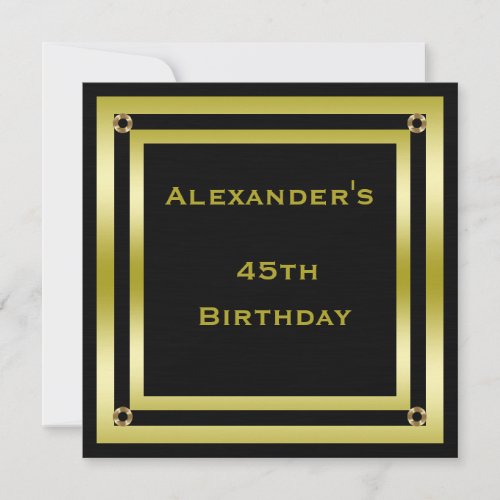 Elegant Black  Gold Framed Mans 45th Birthday Invitation