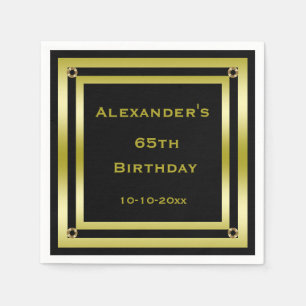Elegant Black & Gold Framed Man's 65th Birthday Napkins