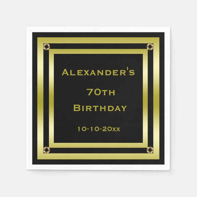 Elegant Black & Gold Framed Man's 70th Birthday Paper Napkins (Front)