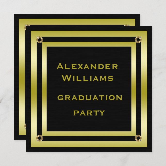 Elegant Black & Gold Framed Man's Graduation Invitation (Front/Back)