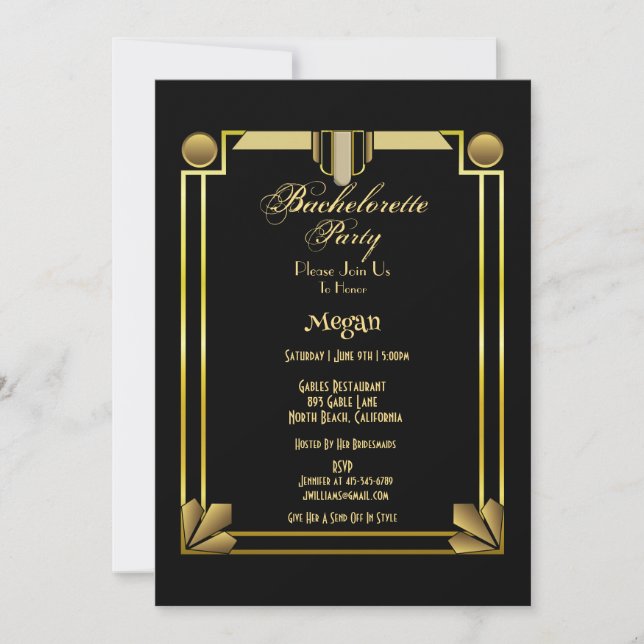 Elegant Black & Gold Gatsby Bachelorette Party  In Invitation (Front)