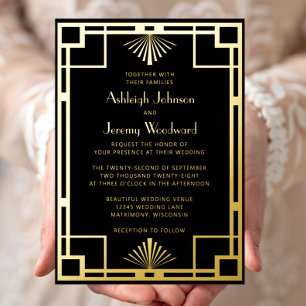 Elegant Black Gold Geo Vintage 1920s Deco Wedding Foil Invitation