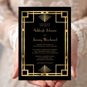 Elegant Black Gold Geo Vintage 1920s Deco Wedding Invitation