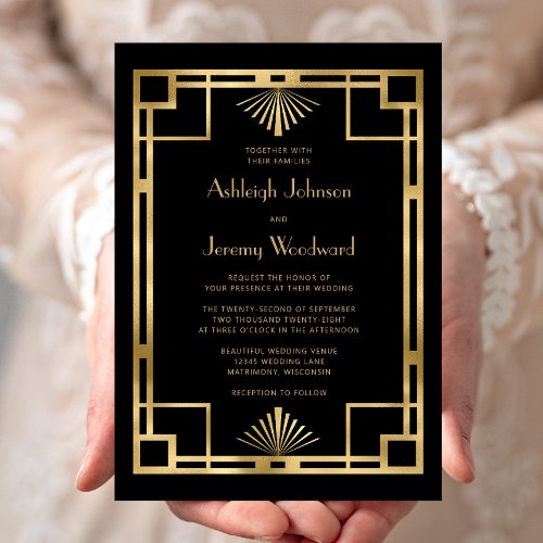 Elegant Black Gold Geo Vintage 1920s Deco Wedding Invitation