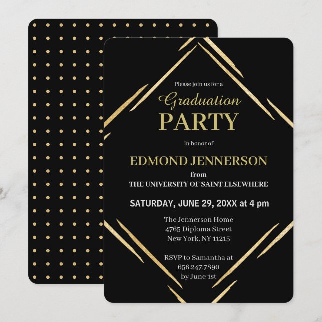 Elegant Black Gold Geometric 2025 Graduation Party Invitation (Front/Back)