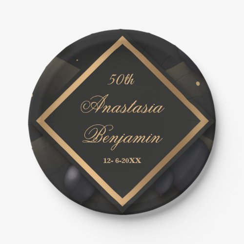 Elegant Black Gold Geometric 50th Birthday Party Paper Plates
