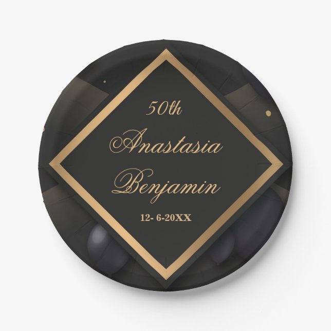 Elegant Black Gold Geometric 50th Birthday Party Paper Plates (Front)
