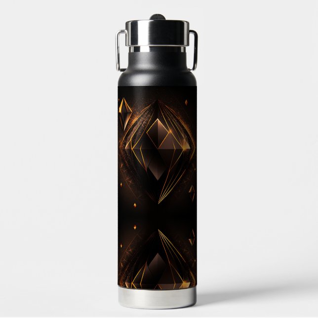 Elegant black gold geometric art water bottle (Front)