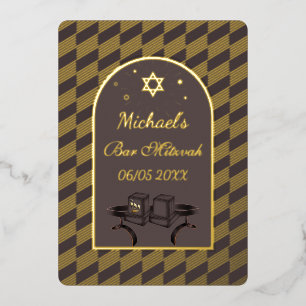 Elegant Black Gold Geometric Bar Mitzvah Tefillin Foil Invitation