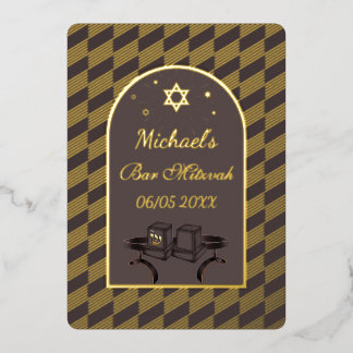 Elegant Black Gold Geometric Bar Mitzvah Tefillin Foil Invitation