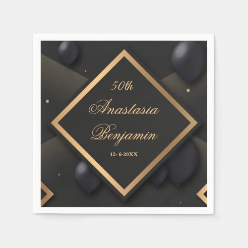 Elegant Black Gold Geometric Birthday Party Napkins