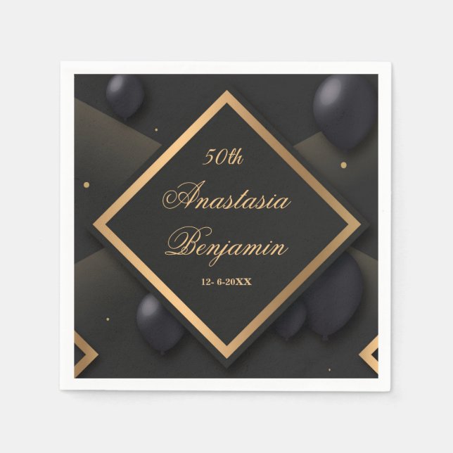 Elegant Black Gold Geometric Birthday Party Napkins (Front)