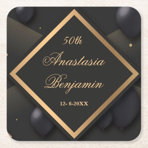 Elegant Black Gold Geometric Birthday Party Square Paper Coaster