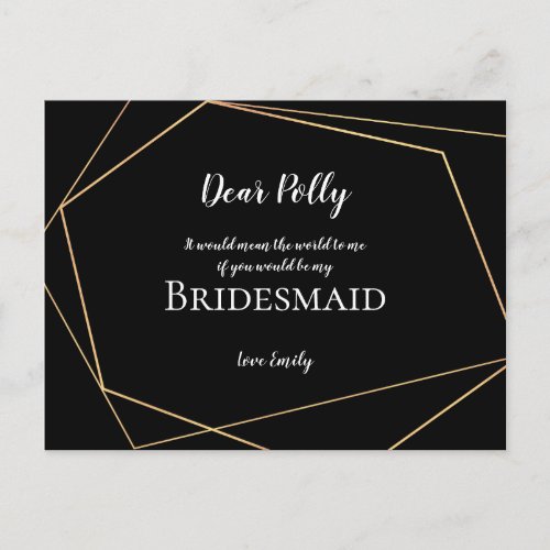 Elegant Black  Gold GeometricBridesmaid Request Postcard