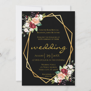Elegant Black Gold Geometric Burgundy Floral Invitation