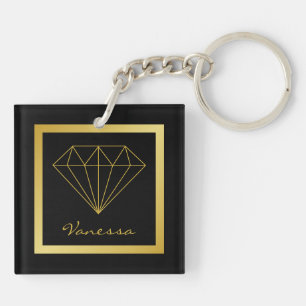 Elegant Black Gold Geometric Diamond Keychain