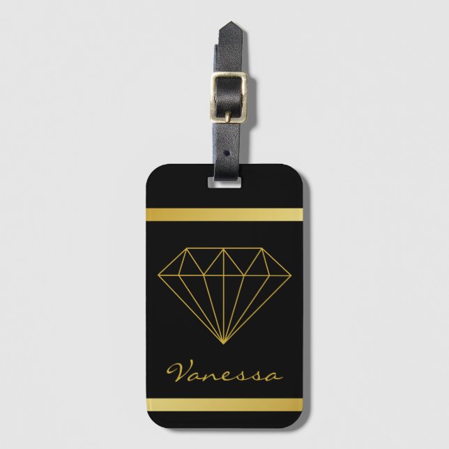 Elegant Black Gold Geometric Diamond Luggage Tag (Front Vertical)