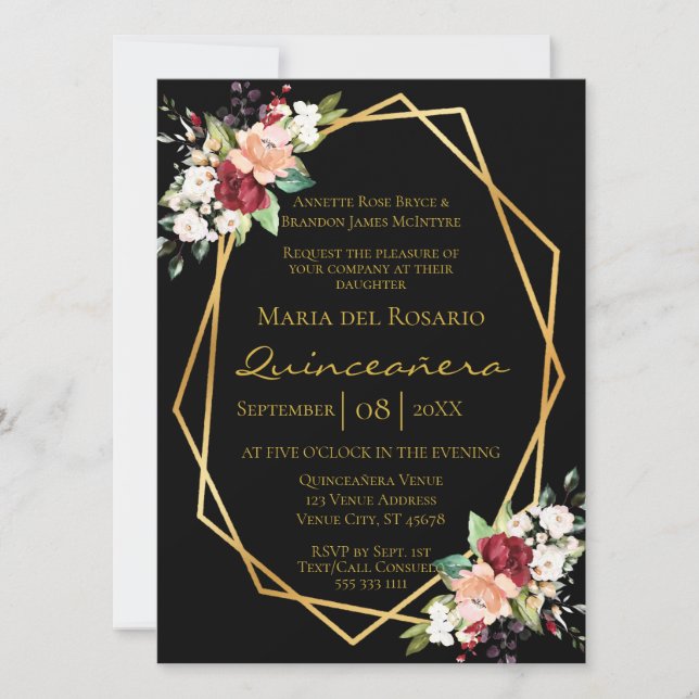 Elegant Black Gold Geometric Floral Quinceañera Invitation (Front)
