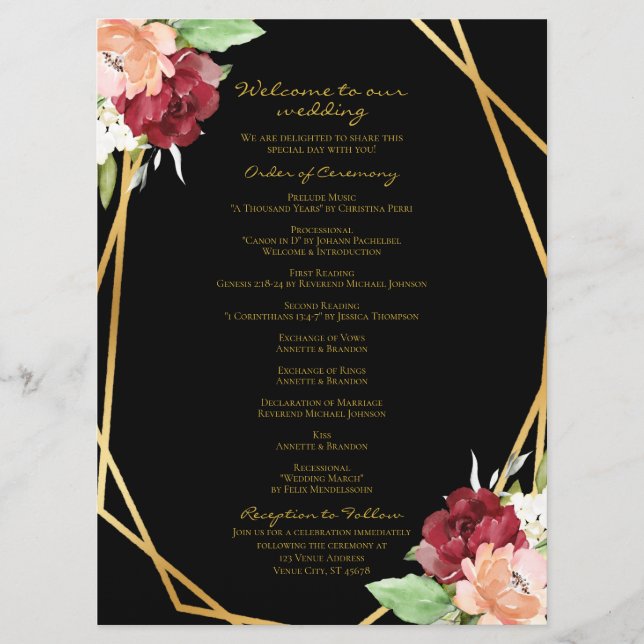 Elegant Black Gold Geometric Floral Wedding Program (Front)