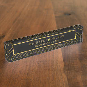 Elegant Black Gold Geometric Personalized Name Desk Name Plate