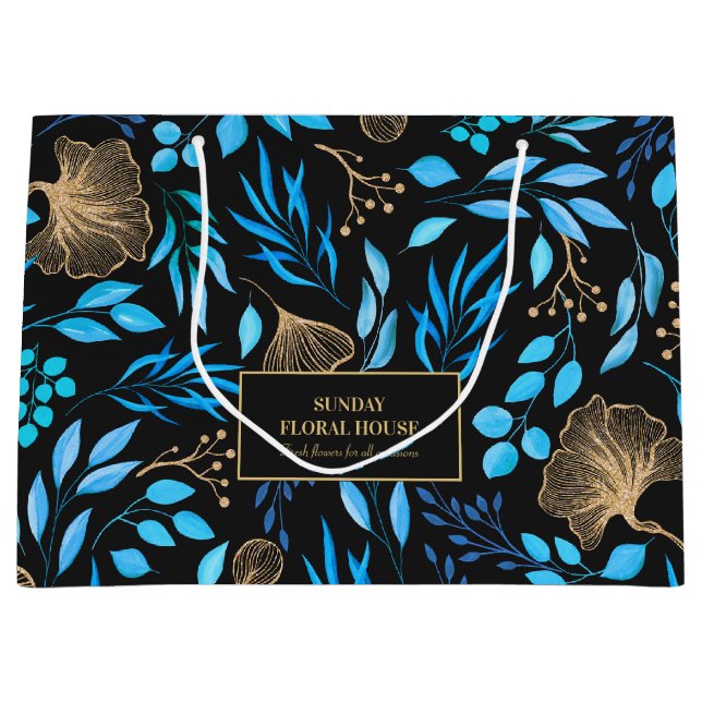 Elegant Black Gold Ginkgo Floral Business Large Gift Bag (Front)