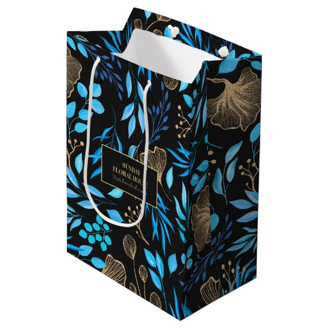 Elegant Black Gold Ginkgo Floral Business Medium Gift Bag (Front Angled)