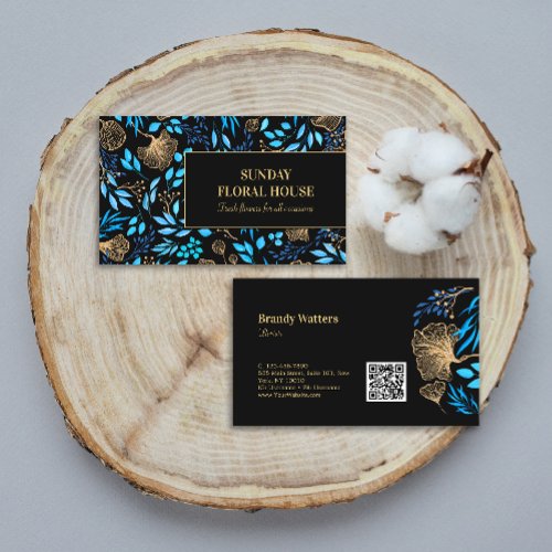 Elegant Black Gold Ginkgo Floral Feminine  Business Card