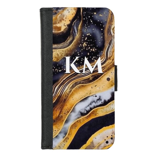 Elegant black gold girly marble art monogram  iPhone wallet case (Front)