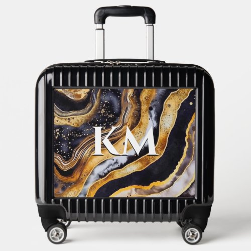 Elegant black gold girly marble art monogram  luggage