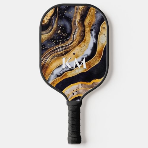 Elegant black gold girly marble art monogram  pickleball paddle