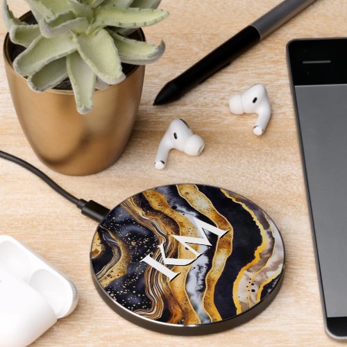 Elegant black gold girly marble art monogram  wireless charger 