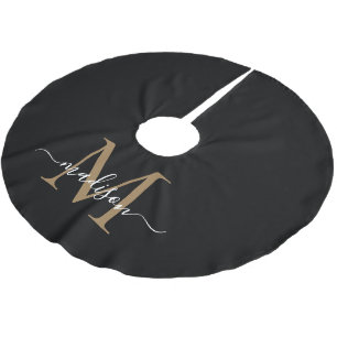 Elegant Black Gold Girly Monogram Elegant Script Brushed Polyester Tree Skirt