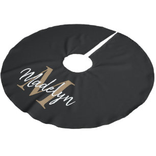 Elegant Black Gold Girly Monogram Elegant Script Brushed Polyester Tree Skirt